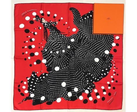 Hermes silk scarf, 'Hola Flamenca!', designed by Dimitri Rybalchenko c2005, red and black colourway, hand rolled hems, 90X90c