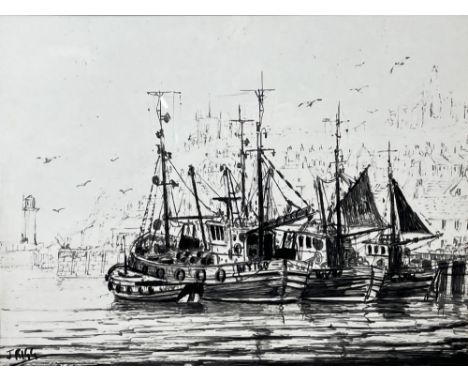 Jack Rigg (British 1927-2023); Whitby and other fishing boats in Whitby harbour, monochrome sketch, signed, 46cm x 62cm 