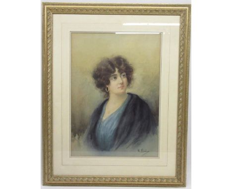 V. Fini (Continental late 19th century); Portrait of a young girl wearing gold hoop earrings and locket with blue shawl, wate