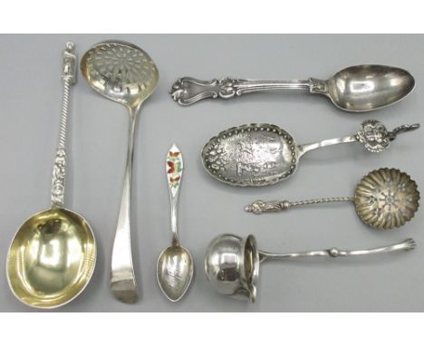 Collection of Victorian and later silver spoons including Apostle, two sifters, fancy back dessert spoon, Dutch caddy spoon, 