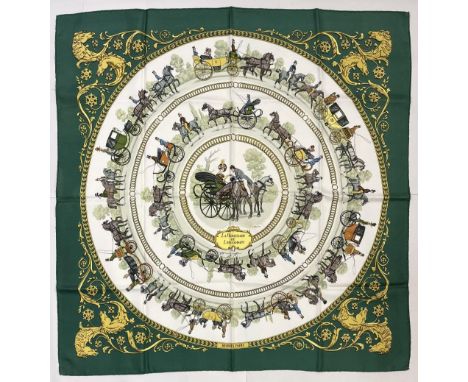 Hermes silk scarf, 'La Promenade De Longchamps', designed by Philippe Ledoux c1965, reissue, forest green colourway with ochr
