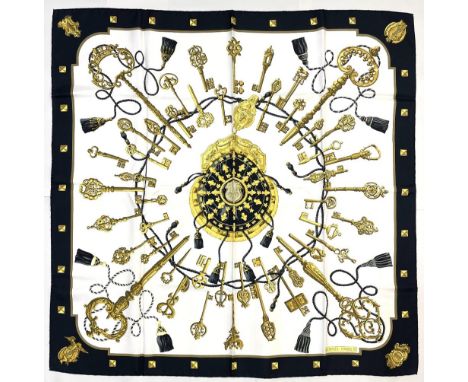 Hermes silk scarf, 'Les Cles', designed by Caty Latham c1965, reissue, black &amp; white colourway, hand rolled hems, 90X90cm