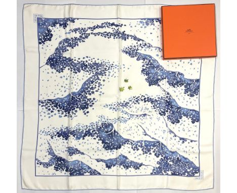 Hermes silk scarf, 'Trois Feuilles', designed by Catherine Baschet c2004, 'Three Leaves' in blue and green colourway, hand ro