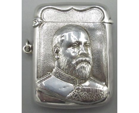 Edward V11 silver rectangular vesta case, relief decorated with a portrait of the King, hinged top and base strike, Jones &am