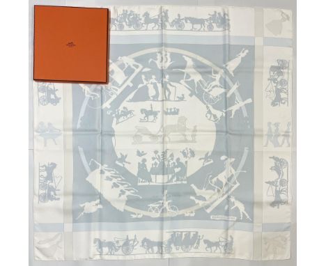 Hermes silk scarf, 'Jeux D'ombres', designed by Loic Dubigeon c2004, horses, carriages and dancers, 90 x 90cm, with box 