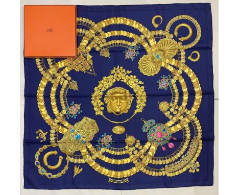 Hermes silk scarf, 'Kosmima', designed by Julia Abadie c1994, design of Hellenistic jewels, hand rolled hems, 90  x 90cm, wit