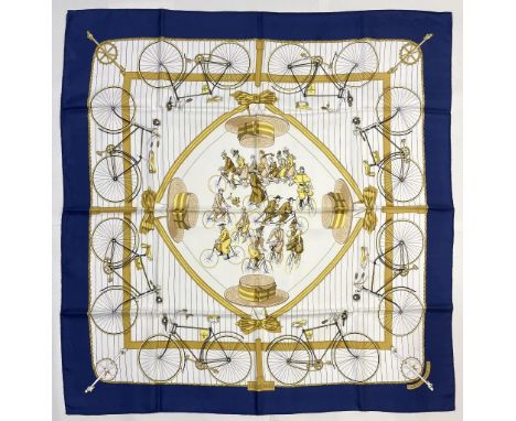 Hermes silk scarf, 'Les Becanes', designed by Hugo Grygkar c1953, reissue, white and navy colourway with gold accents, hand r