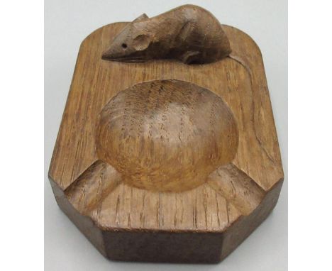 Robert Mouseman Thompson of Kilburn - an oak canted rectangular ashtray, carved with signature mouse, W10cm D7.5cm 