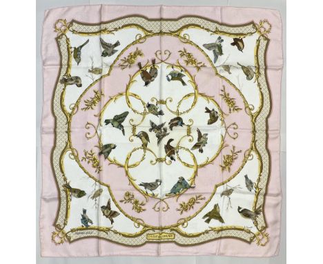 Hermes silk scarf, 'La Cle Des Champs', designed by Francoise Faconnet c1965, reissue, light pink colourway with various bird