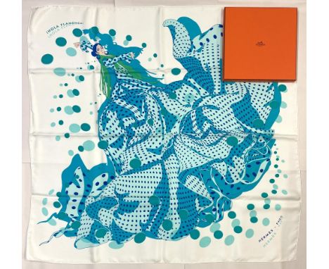 Hermes silk scarf, 'Hola Flamenca!', designed by Dimitri Rybalchenko c2005, turquoise design of a flemenco dancer, hand rolle