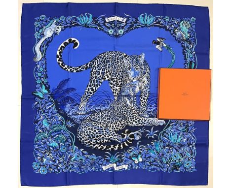 Hermes silk scarf, 'Jungle Love', designed by Robert Dallet c2000, jungle scene with leopards, turquoise and blue colourway, 