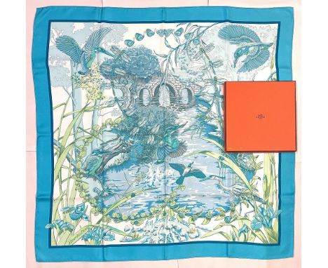 Hermes silk scarf, 'Au Bord De L'eau', designed by Laurence Bourthoumieux c2005, vibrant lake scene of flora and fauna, hand 