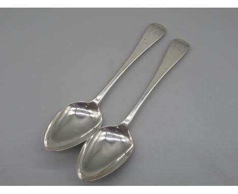 Pair of George 111 silver Old English pattern table spoons engraved with initial R, John Robertson II &amp; John Walton Newca