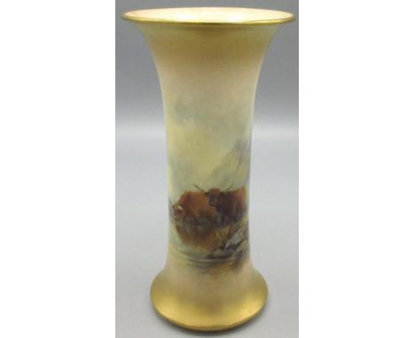 Royal Worcester spill vase, cylindrical body painted with Highland Cattle by a stream by James Stinton, with flared rim and f