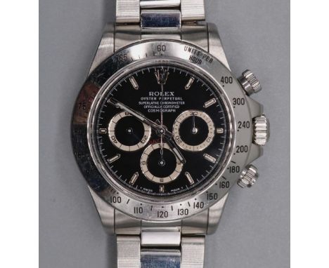 Rolex Oyster Perpetual Superlative Chronometer Cosmograph 'Daytona' stainless steel wristwatch, signed black dial with baton 