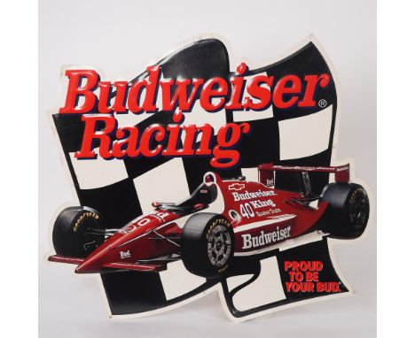 Large embossed die-cut metal advertising sign featuring the Budweiser Racing IndyCar in vivid red against a bold black and wh