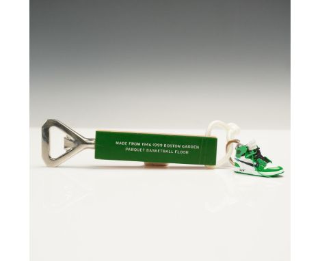 Unique bottle opener featuring a handle crafted from authentic Boston Garden parquet basketball floor wood, used between 1946