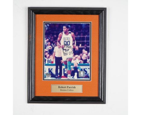 Framed color photo of Boston Celtics Hall of Famer Robert Parish, signed in black ink with "HOF 03" inscription. The image is