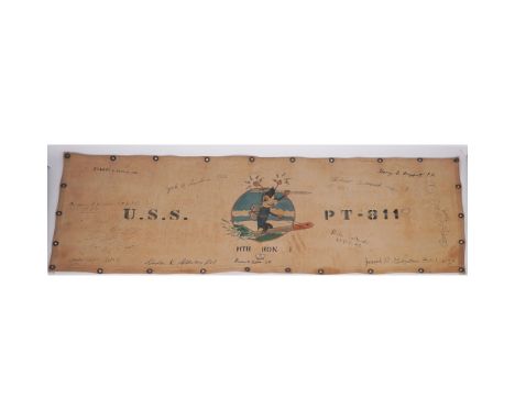 Original hand-painted and signed commemorative canvas banner for the U.S.S. PT-811, part of Motor Torpedo Boat Squadron 1 (MT