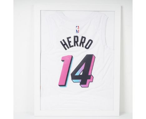 Framed Miami Heat jersey featuring #14 Tyler Herro, showcasing the team's iconic ViceWave colorway with pink and blue accents