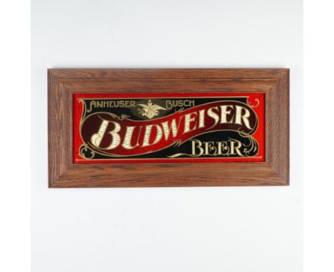 Framed vintage Budweiser Beer advertising bar mirror featuring a striking reverse-painted glass design in red, black, and gol