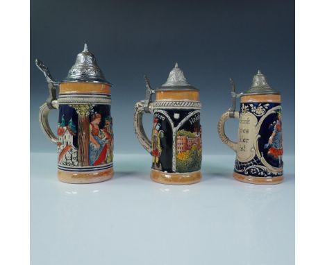 Group of three hand-painted German beer steins, each crafted in relief with colorful figural and scenic motifs. Designs inclu