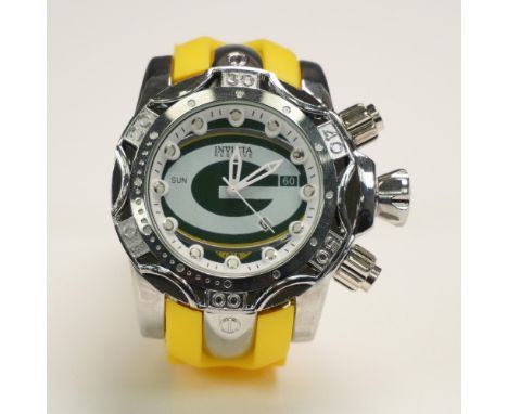 Bold Invicta Reserve chronograph wristwatch featuring an officially licensed Green Bay Packers logo dial. Swiss made and wate