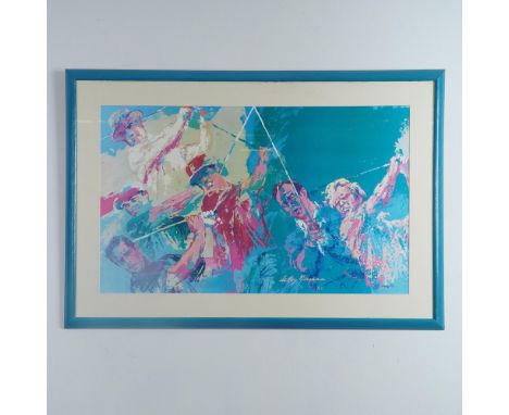 This giclee print by renowned sports artist LeRoy Neiman showcases an energetic composition of golf legends in action, depict