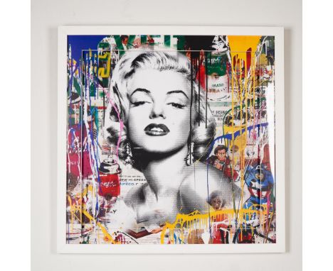 Vivid graffiti pop art poster featuring an iconic image of Marilyn Monroe rendered in halftone style, overlaid on a dynamic c