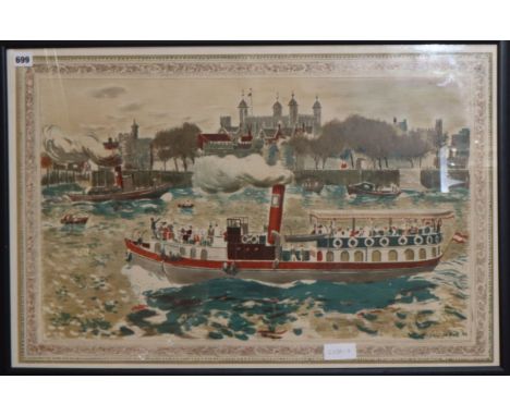 Edwin La Dell, colour lithograph, Paddle steamer passing the Tower of London 51 x 78cm
