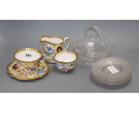A Victorian glass dish, six glass side dishes and a Hammersley bone china breakfast set