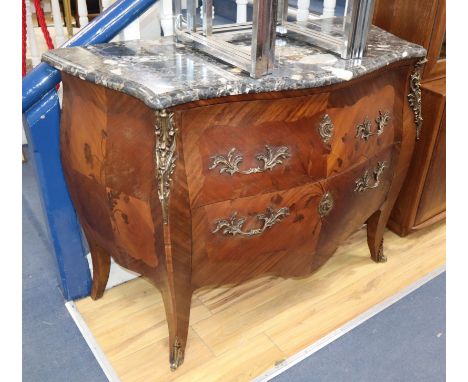 An early 20th century Louis XV style marble top commode chest W.117cm