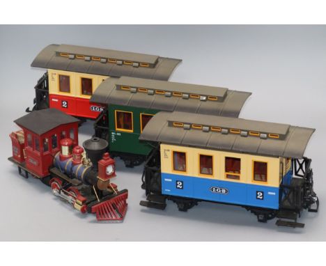 An LGB Grizzly Flats CHLOE steam locomotive, G Gauge, together with track, transformer and three carriages