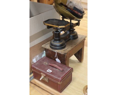 A pair of brass and iron kitchen scales, stool, brush and two fire irons and a green cloth