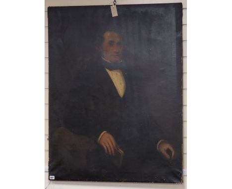 A late 19th century English School, oil on canvas, Half-length portrait of a seated gentleman 111 x 86cm unframed