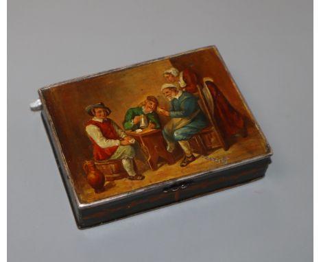 After Teniers. An enamelled snuff box 6 x 8cm
