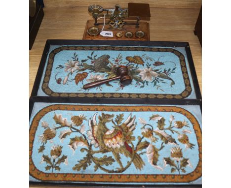 Two bead work panels, a set of postage scales and a turned wood gavel