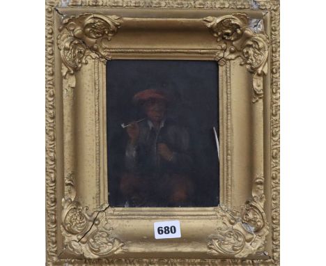 After Van Ostade, oil on wooden panel, 'Interior scene with a figure smoking a pipe'