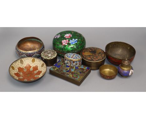 A Chinese cloisonne and champleve enamel cigarette box, a cloisonne box and cover and 8 items of enamelled brassware, Indian 