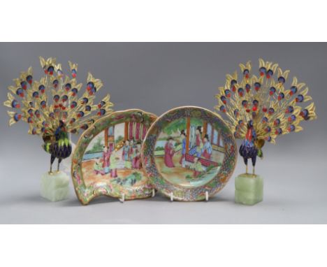 Two 19th century famille rose dishes and a pair of gilt metal and enamel peacock figures
