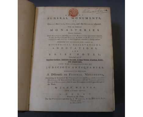 Weever, John - Antient Funeral Monuments of Great Britain, qto, calf gilt, lacks portrait, 5 engraved plates, repair to tear 