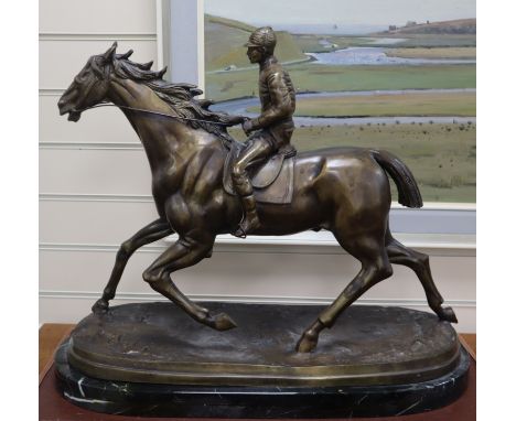 After Bonheur. A bronze horse and jockey, on marble base height 50cm