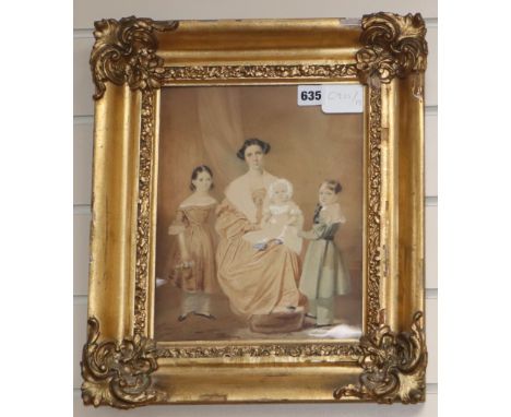 Victorian School, watercolour, Family group portrait of mother and children 28 x 22cm