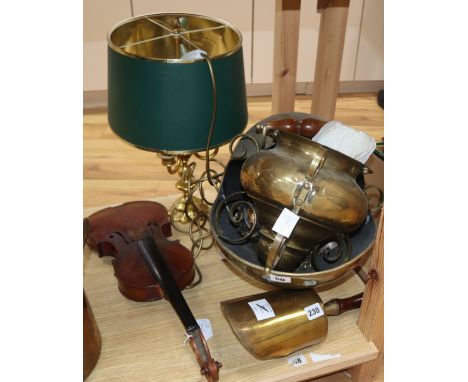 A brass hanging oil lamp, a table lamp, a coal scuttle and a 20th century violin