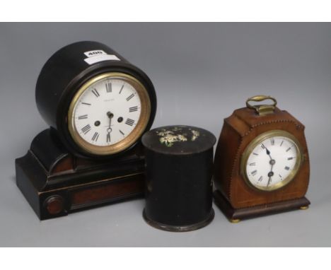Two mantel clocks and a lacquer box