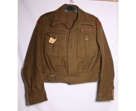 British Army dress uniform khaki green tunic with label for James A Stewart Ltd dated 1946, Battledress Blouses 1940 pattern 