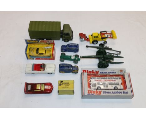Dinky Toys 297 Silver Jubilee Bus boxed, 112 Purdey's TR7 boxed, two hollow cast loud speaker vans, 233 Cooper-Bristol Racing