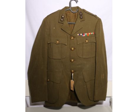 British Army dress uniform khaki green jacket with Royal Scots Fusiliers collar badges, brass thistle buttons by Gaunt of Lon