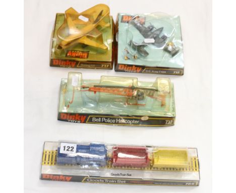 Four Dinky Toys including 784 Goods Train Set, 712 US Army T42A, 717 Boeing 737 Lufthansa and 732 Bell Police Helicopter, eac