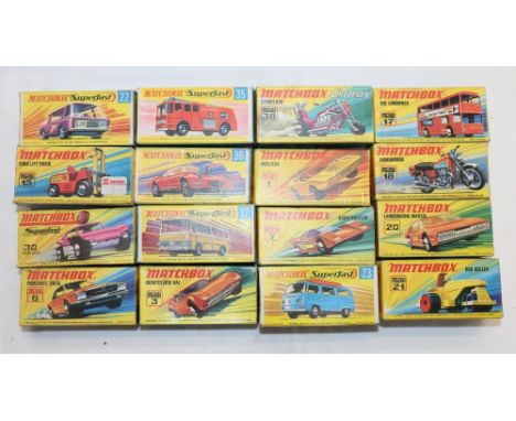 Sixteen Matchbox 1-75 series Superfast models including 1 Mod Rod, 3 Monteverdi Hai, 6 Mercedes 350SL, 7 Hairy Hustler, 12 Se